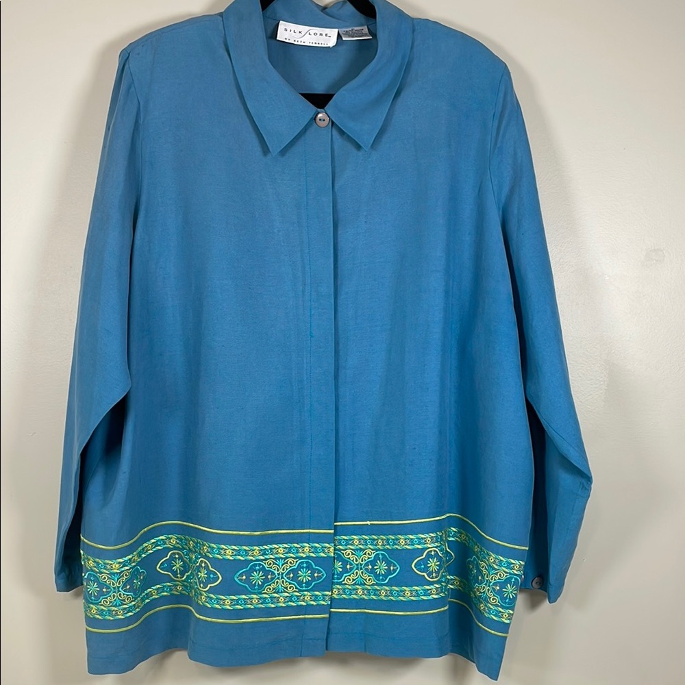 SILK LORE By Beth‎ Terrell 2X Turquoise Embroidered 90’s Silk/Linen Button Up